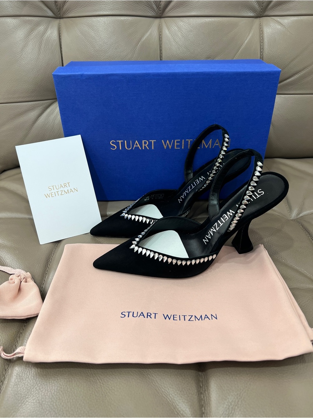 STUART WEITZMAN slingback in suede with teardrop rhinestones，Size 6